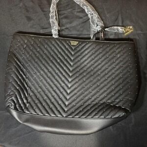 Victoria's‎ Secret black faux leather tote bag with gold accents NWT